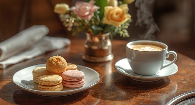 Coffee and macaroons combination highlighted in breakfast scene
