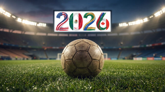 Fu&szlig;ball Weltmeisterschaft 2026 Motiv Fu&szlig;ball auf Rasen Spielfeld mit Flagge, WM 2026