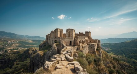 Fototapeta premium Ancient settlement perched atop a mountain ridge with sweeping landscape views