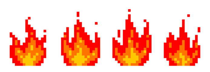 Pixel  fire set. Pixelated  flame in retro style for 8 bit arcade game © alka5051