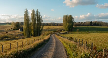Fototapeta premium peaceful rural landscape featuring a winding dirt road and lush green fields