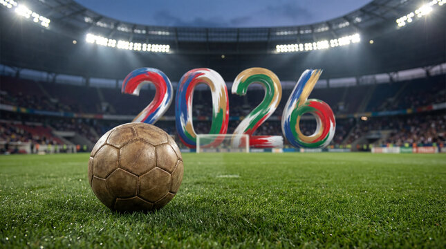 Fu&szlig;ball Weltmeisterschaft 2026 Motiv Fu&szlig;ball auf Rasen Spielfeld mit Flagge, WM 2026