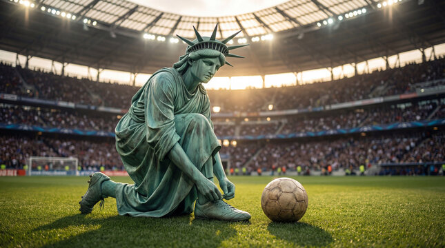 Fu&szlig;ball Weltmeisterschaft 2026 Motiv Freiheitsstatute Fu&szlig;ball auf Rasen Spielfeld mit Flagge, WM 2026