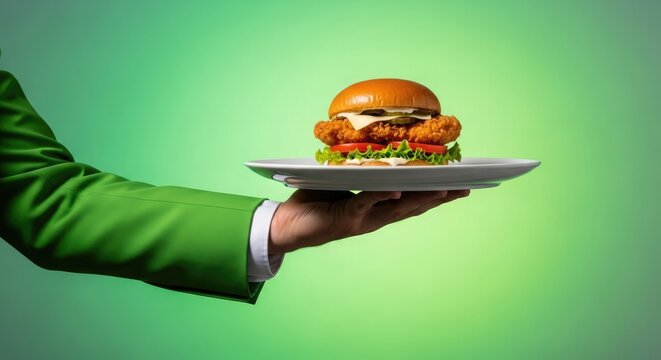 Hand holding a plate with a hamburger on a green background, viewed from the side with a casual presentation