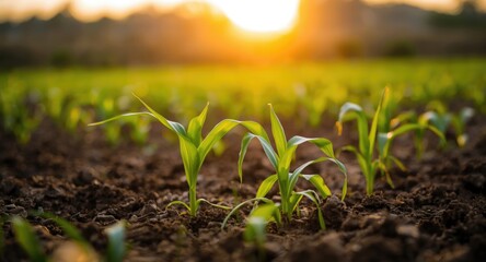 Naklejka premium Morning sunrise illuminating young corn plants in fertile soil with a blurred background showcasing agricultural growth and sustainability