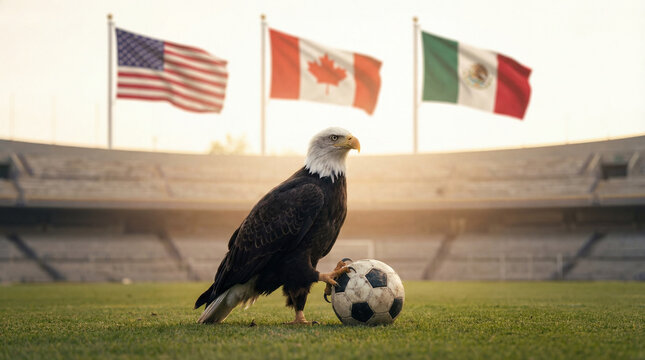 Fu&szlig;ball Weltmeisterschaft 2026 Motiv Fu&szlig;ball auf Rasen Spielfeld mit Flagge, WM 2026