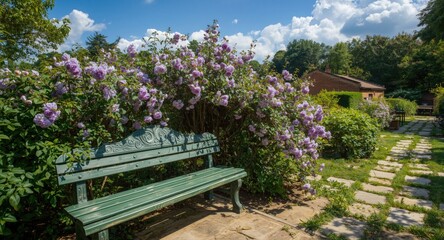 Full length view of a green bench surrounded by purple climbing rose blossoms in a community maintained historic garden