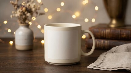 Obraz premium A cream ceramic mug sitting on a wooden table with warm bokeh lights