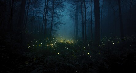 Fireflies glowing vibrantly within a thick fog veil of a dark forest