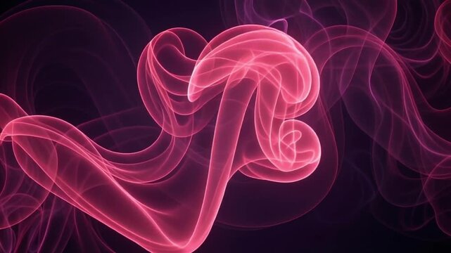 A mesmerizing video of pink smoke swirling in the dark background with vibrant wavy patterns