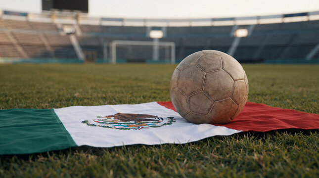 Fu&szlig;ball Weltmeisterschaft 2026 Motiv Fu&szlig;ball auf Rasen Spielfeld mit Flagge, WM 2026