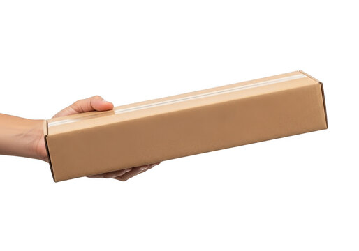 Hand holding a long cardboard box isolated on transparent background
