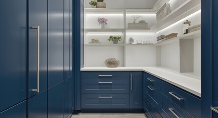 Fresh pantry look with blue and white elements and enhanced usability