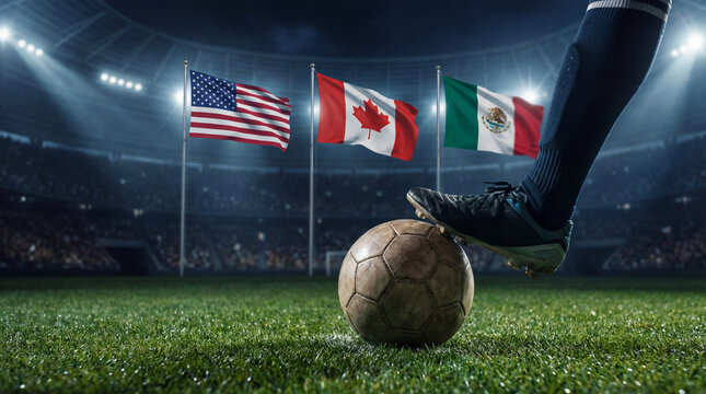 Fu&szlig;ball Weltmeisterschaft 2026 Motiv Fu&szlig;ball auf Rasen Spielfeld mit Flagge, WM 2026