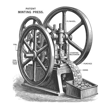 minting press with flywheel and stamping mechanism producing coins, industrial machinery diagrams sketch engraving generative ai vector illustration. Scratch board imitation. Black and white image.