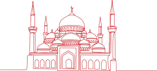 Minimalist red line art illustration of a beautiful mosque with domes and minarets. © Maunjera