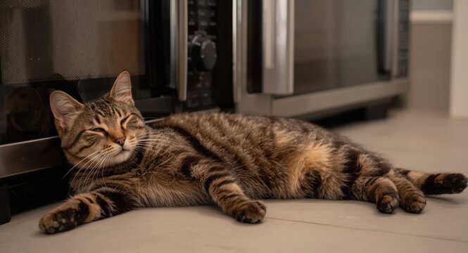 Spotted male cat of American Wirehair breed reclining near microwaves with tranquil mood