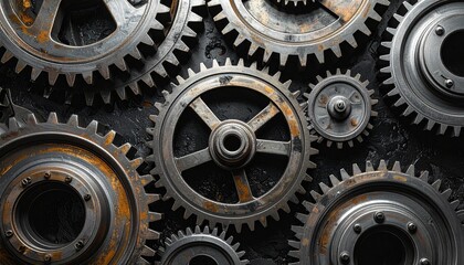 Interlocking Metal Gears in Complex Mechanical Configuration with Blue Lighting Representing Engineering Machinery Torque Transmission Rotational Motion and Industrial Design