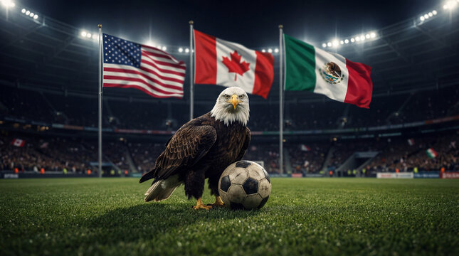 Fu&szlig;ball Weltmeisterschaft 2026 Motiv Adler mit Fu&szlig;ball auf Rasen Spielfeld mit Flagge, WM 2026