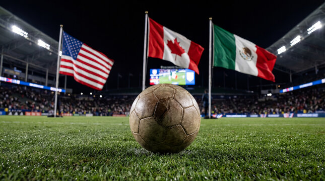 Fu&szlig;ball Weltmeisterschaft 2026 Motiv Fu&szlig;ball auf Rasen Spielfeld mit Flagge, WM 2026