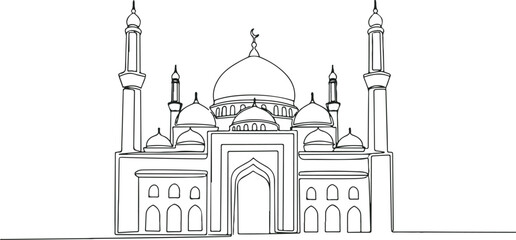Simple line drawing of a beautiful mosque with domes and minarets on a white background © Maunjera