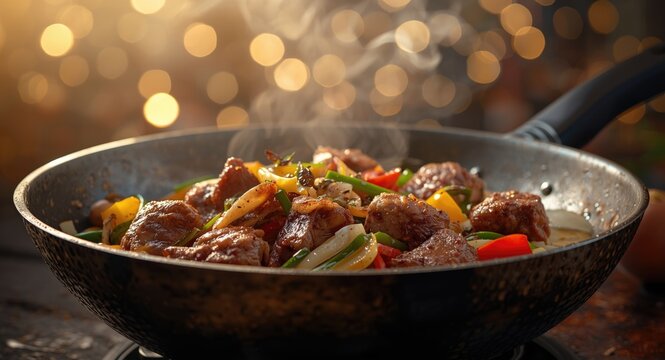 Simmering meat chunks and seasonal vegetables in a heavy metal pan