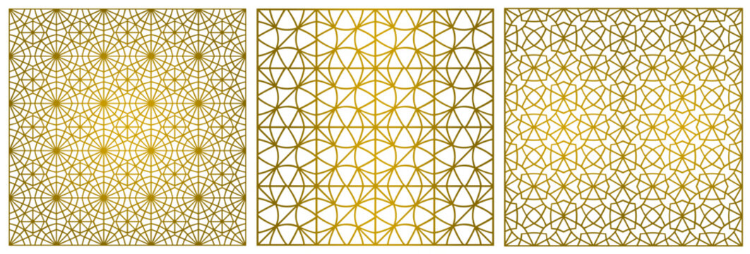 Ornement d&eacute;coratif Triptyque 3 Motifs abstraits Moucharabieh R&eacute;seau de style arabe oriental g&eacute;om&eacute;trique Couleur Or