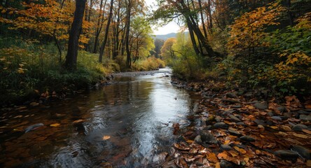 Autumn backdrop with vibrant green foliage and harmonious water flow