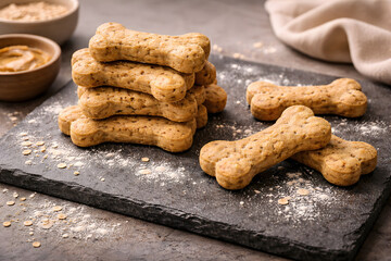 Fototapeta premium Stacked bone shaped plant based dog treats are shown on a slate board for healthy pet snacking