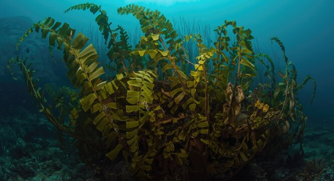 Aquatic plant kelp holdfast securing green fronds underwater
