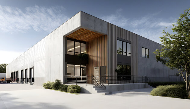 Modern industrial building with concrete facade and wooden accents, featuring large windows and loading docks, surrounded by greenery