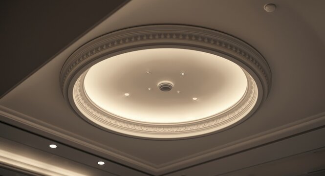 Stylish ceiling design with round ornamental cornice and low power consumption bulb