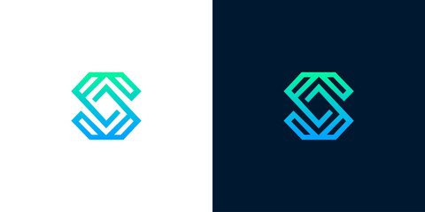 Abstract geometric logo design of the letter S with a gradient of blue and green on a white and navy background, representing innovation and growth
