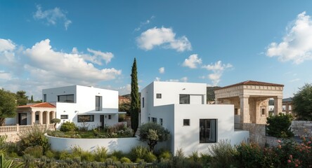 Obraz premium Minimalist white modern residences beside traditional Greek architecture under vibrant summer sky