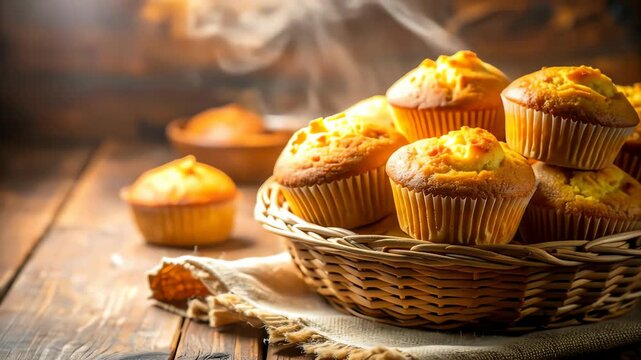 Freshly baked muffins in wicker basket.
