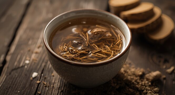 Freshly prepared herbal tea with burdock root essence