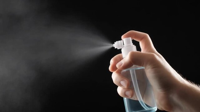 Spray Bottle Releasing Mist on Black Background
