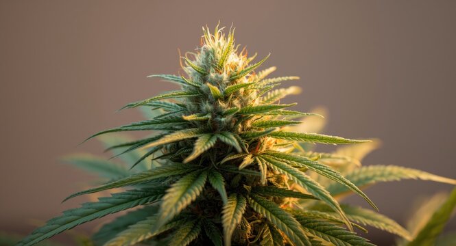 Sharp focus on a medical cannabis nug showing fresh green leafy extensions