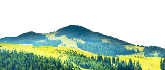 Naklejka premium Green mountains valley in hills. Nature mountains landscape in PNG isolated on transparent background