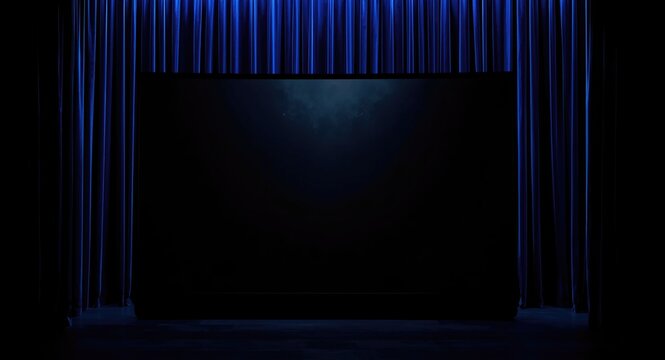 Night interior featuring blank OLED screen and curtain backdrop in blue hues