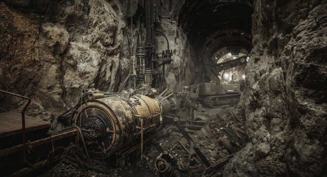 Cross section of an active gold mine tunnel with heavy mining tools