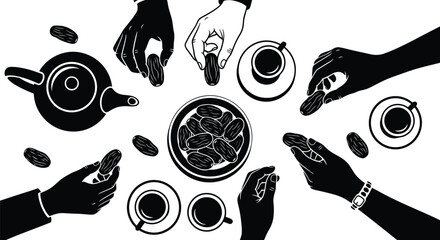 Overhead view of hands tea dates and cups a striking silhouette © Jesmin