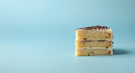 Multi layered vanilla cake slice with chocolate sprinkles displayed on a blue smooth backdrop offering copy space
