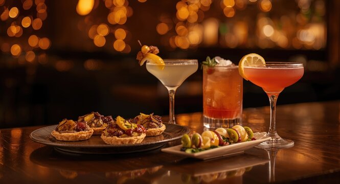 Gourmet appetizers and bright cocktails on an elegant bar table complemented by a softly lit bokeh background for a joyful happy hour atmosphere