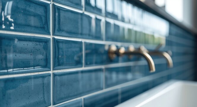 Refined blue glazed tile wall serving as modern bathroom backdrop