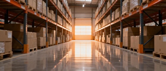 Obraz premium Warehouse aisle with stacked boxes