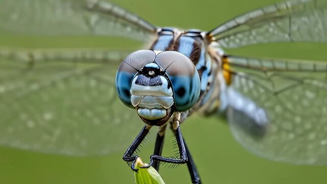 blue dragonfly on a green leaf