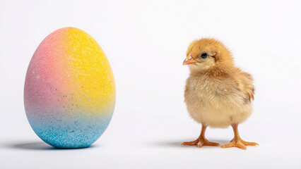 Chick standing next to colorful Easter egg isolated on white