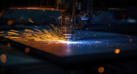 Obraz premium Steel sheet illuminated by laser cutting with sparkling colorful sparks and light trails