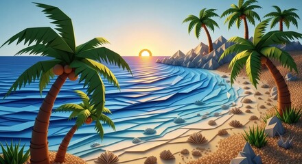 Fototapeta premium Tropical Beach Illustration with Palm Trees, Waves and Sunrise Over Ocean